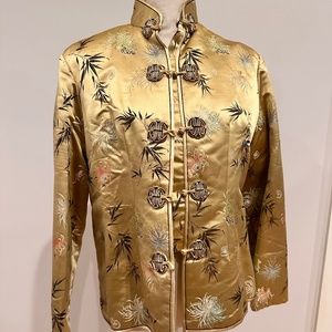 Vintage Gold Satin Mandarin Collar Jacket with Embroidered Bamboo Motif